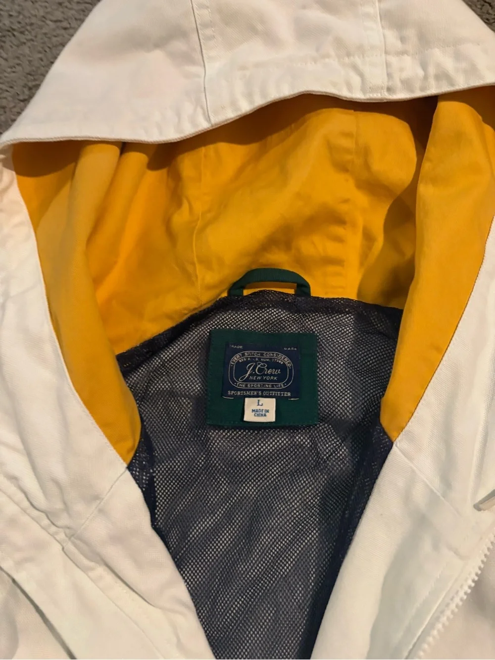 J. Crew Topsail White and Forest Green Hooded Jacket with Yellow Hood Lining